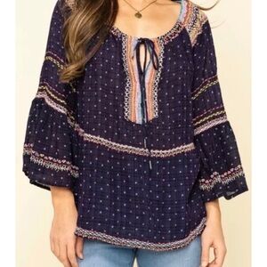 Free People Navy Embroidered Peasant Blouse